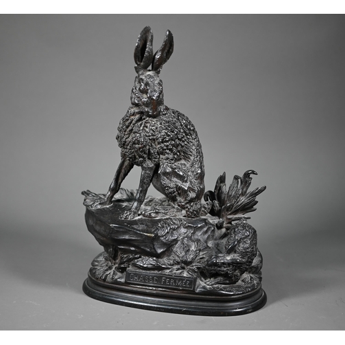 1030 - After Jules Moigniez (1835-1894) model of a hare and leveret on a rocky outcrop, titled Chasse Ferme... 