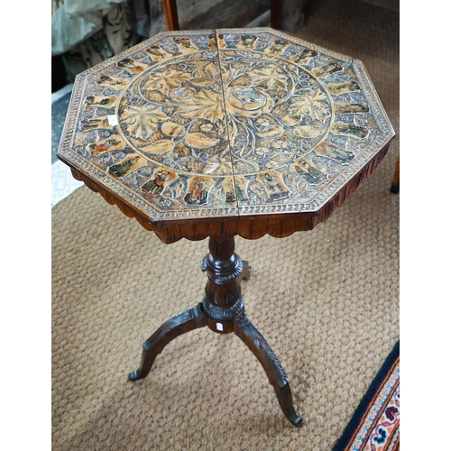 1044 - A Continental walnut tripod table, the octagonal top with costume figures to the circumference, 42 c... 