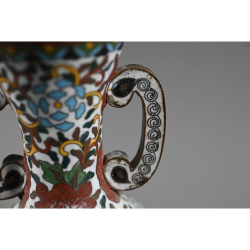 507 - A 19th century Japanese brass cloisonne on brass vase of archaistic baluster form with scroll handle... 