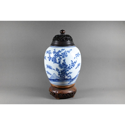 520 - An 18th century Chinese 'Three Friends of Winter' ginger jar with later reticulated domed hardwood c... 