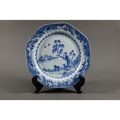 532 - An 18th century Chinese blue and white octagonal bowl painted with an idyllic pagoda landscape, fram... 