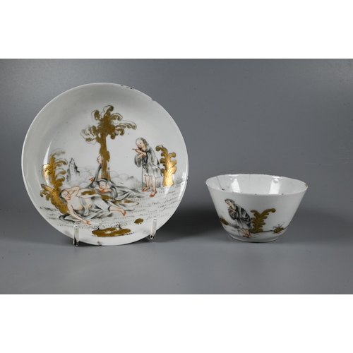 541 - An 18th century Chinese European subject tea bowl and saucer, painted in grisaille and iron red with... 