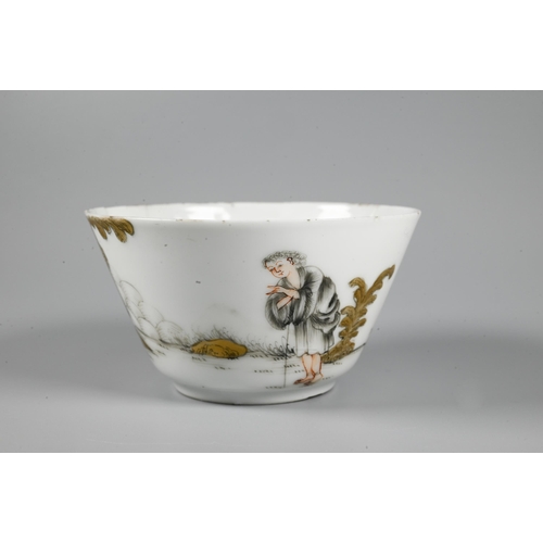 541 - An 18th century Chinese European subject tea bowl and saucer, painted in grisaille and iron red with... 
