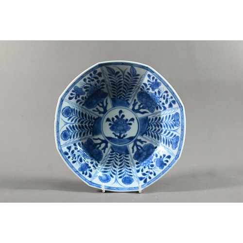 547 - An 18th century Chinese octagonal shallow bowl painted in underglaze blue with pagoda landscape desi... 