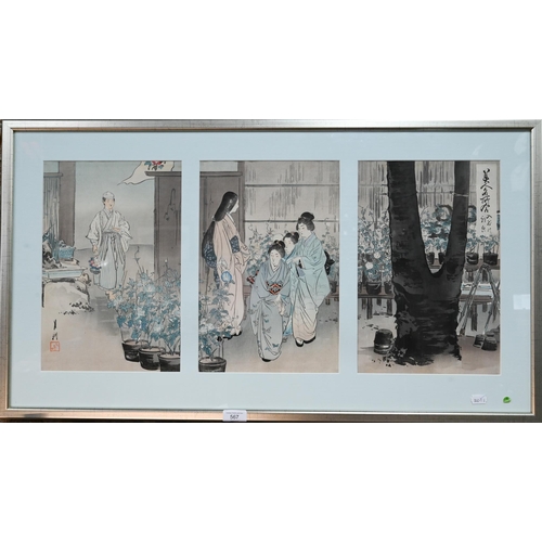 567 - Ogata Gekko (1859 - 1920) A Japanese ukiyo-e woodblock triptyich print, ink and colour on paper, 'Ir... 