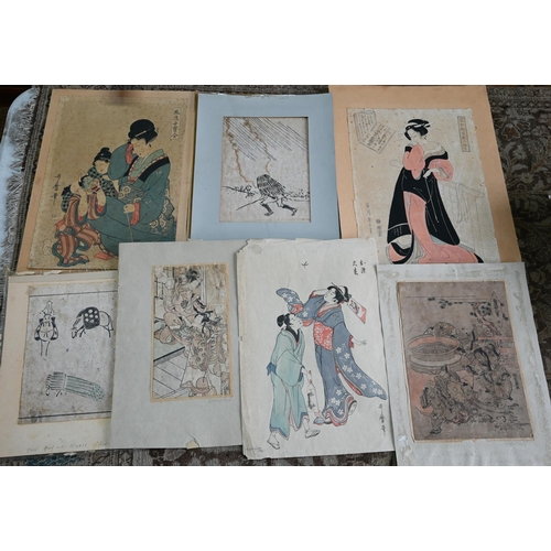 568A - Eight unframed ukiyo-e woodblock/prints including two Japanese vertical oban examples in ink and col... 