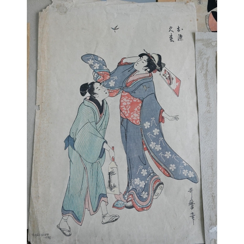 568A - Eight unframed ukiyo-e woodblock/prints including two Japanese vertical oban examples in ink and col... 