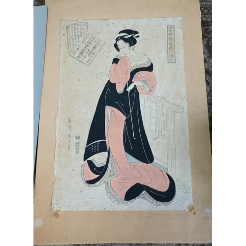 568A - Eight unframed ukiyo-e woodblock/prints including two Japanese vertical oban examples in ink and col... 