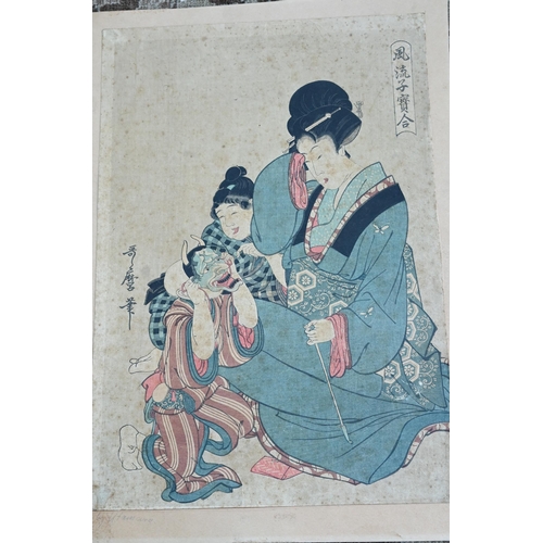 568A - Eight unframed ukiyo-e woodblock/prints including two Japanese vertical oban examples in ink and col... 