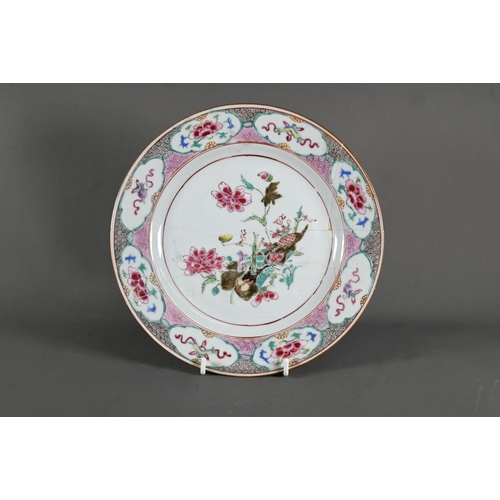 569 - Six 18th century Chinese famille rose plates (four circular and two octagonal) painted with a variet... 