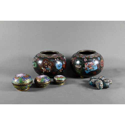 570 - A pair of early 20th century Japanese cloisonne koro (missing covers) of globular form in sparkly po... 