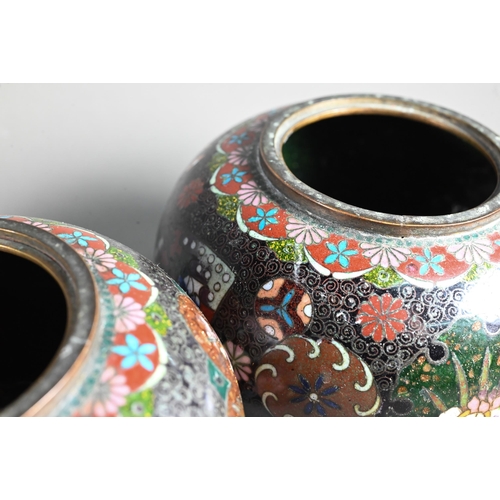 570 - A pair of early 20th century Japanese cloisonne koro (missing covers) of globular form in sparkly po... 