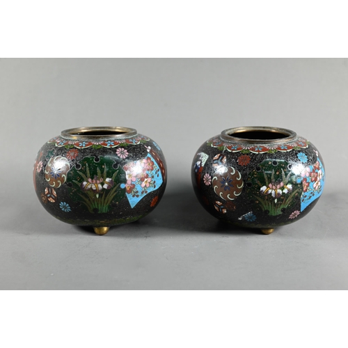 570 - A pair of early 20th century Japanese cloisonne koro (missing covers) of globular form in sparkly po... 