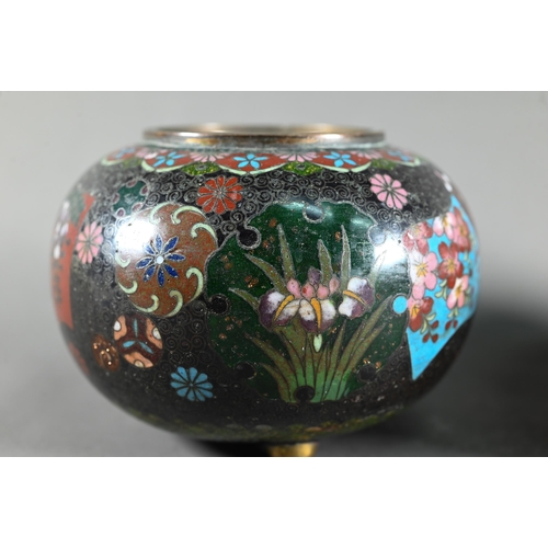 570 - A pair of early 20th century Japanese cloisonne koro (missing covers) of globular form in sparkly po... 