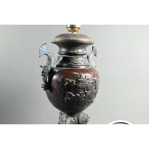 577 - A pair of late 19th century Japanese bronze vases mounted as lamps, the baluster form bodies ap... 