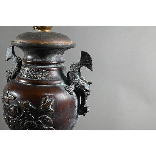 577 - A pair of late 19th century Japanese bronze vases mounted as lamps, the baluster form bodies ap... 