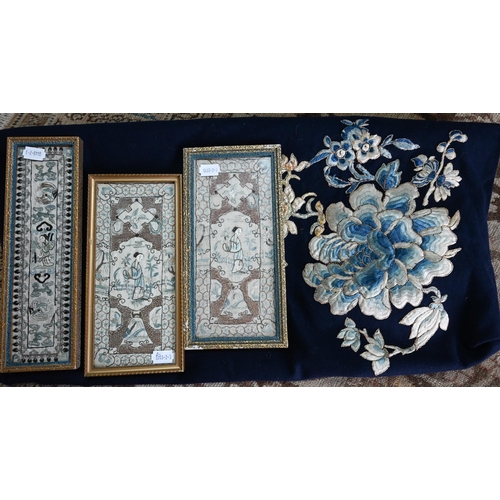 590 - A Chinese blue ground floral embroidered fabric panel with silk lining, 110 x 110 cm to/w three 19th... 