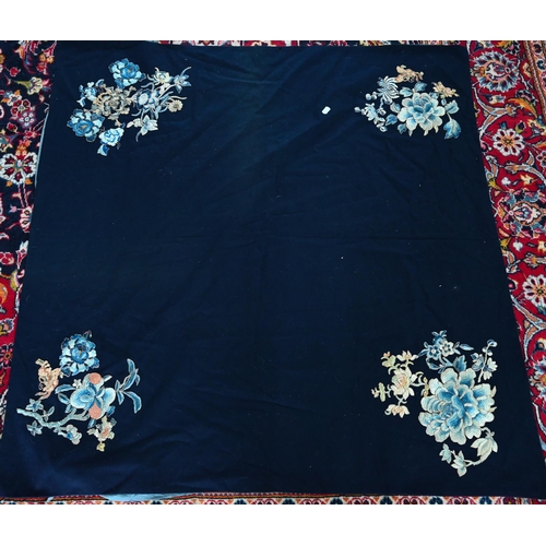 590 - A Chinese blue ground floral embroidered fabric panel with silk lining, 110 x 110 cm to/w three 19th... 