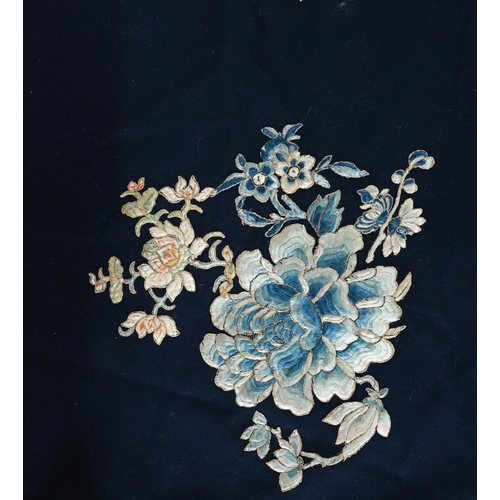 590 - A Chinese blue ground floral embroidered fabric panel with silk lining, 110 x 110 cm to/w three 19th... 