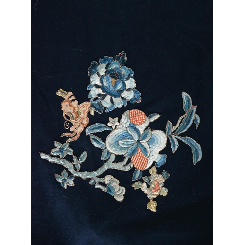 590 - A Chinese blue ground floral embroidered fabric panel with silk lining, 110 x 110 cm to/w three 19th... 