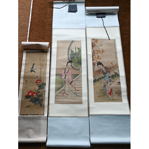 590A - A 20th century Chinese scroll painting, watercolour on silk 'Flower and Bird' by Yee Yat (Hong Kong)... 