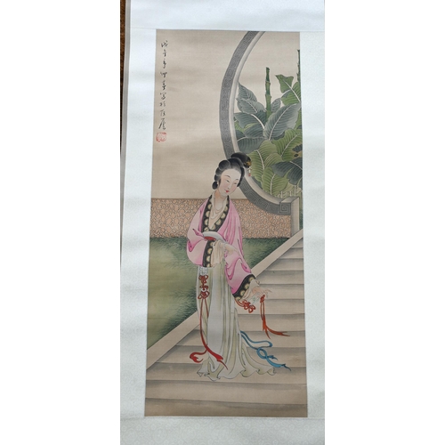 590A - A 20th century Chinese scroll painting, watercolour on silk 'Flower and Bird' by Yee Yat (Hong Kong)... 