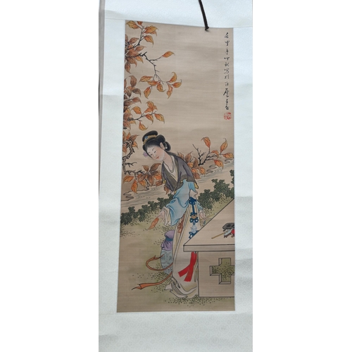 590A - A 20th century Chinese scroll painting, watercolour on silk 'Flower and Bird' by Yee Yat (Hong Kong)... 