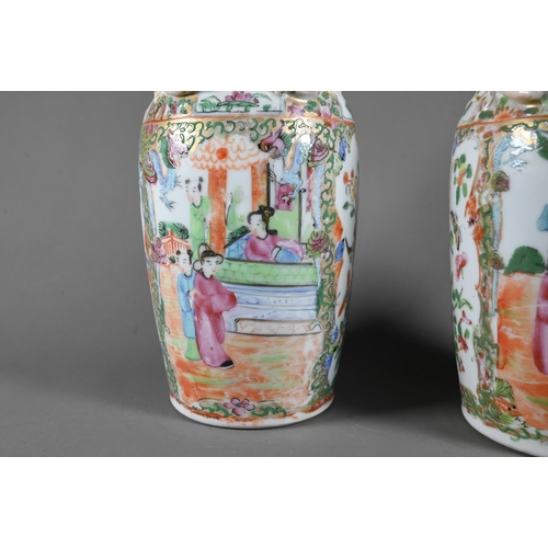 598 - A pair of 19th century Chinese canton famille rose vases, baluster form with everted foliate rims ap... 