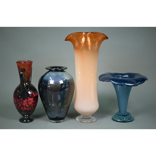 600 - A studio glass vase with flared rim, stamp T A G beneath, 33 cm high to/w an Eileen Gordon Studios t... 