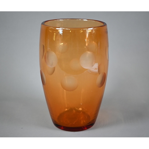 601 - Large contemporary orange ovoid studio glass vase with concave cut decoration, 26 cm high