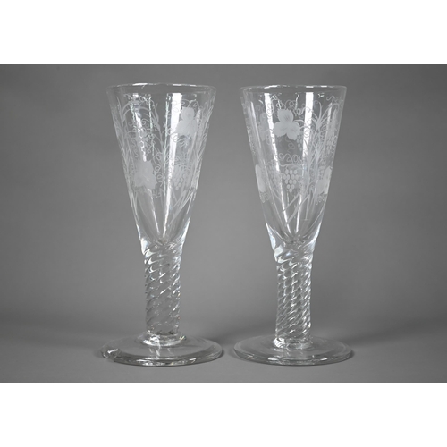 604 - An antique pair of large conical glass goblets, wheel-etched with vine decoration on spiral-reeded s... 