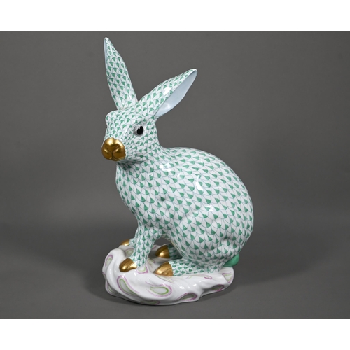 A large Herend seated hare with hand-painted with green scales and gilt nose and feet, no. 5534, 30 cm