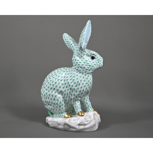 631 - A large Herend seated hare with hand-painted with green scales and gilt nose and feet, no. 5534, 30 ... 