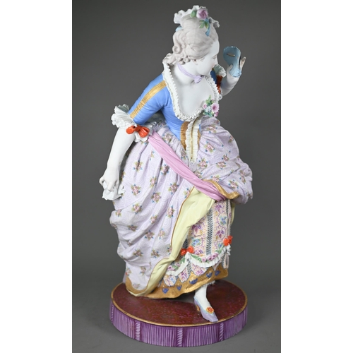 635 - A 19th century French Jeune Gille (Paris) large painted bisque figure of an 18th century lady dresse... 