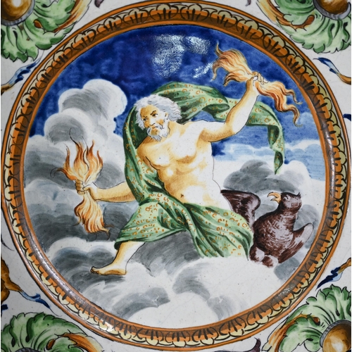 645 - A pair of 19th century Italian majolica chargers in the Istoriato tradition, depicting Jupiter and V... 