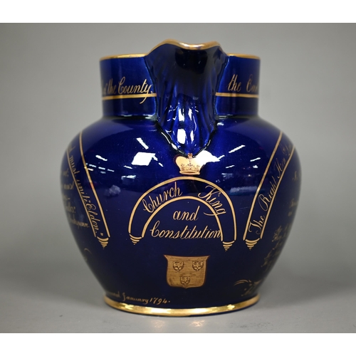 647 - Politics: an interesting William IV blue glazed pottery jug, with gilded inscription commemorating t... 