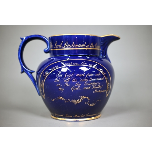 647 - Politics: an interesting William IV blue glazed pottery jug, with gilded inscription commemorating t... 