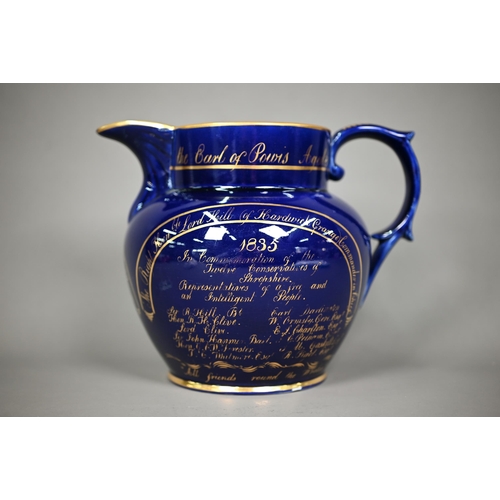 647 - Politics: an interesting William IV blue glazed pottery jug, with gilded inscription commemorating t... 