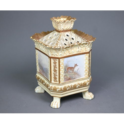 654 - A Victorian Royal Doulton china square pot pourri with inner cover and pierced lid, on lion-pad feet... 