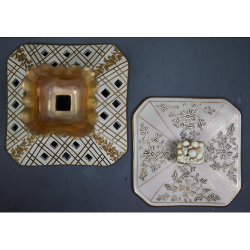 654 - A Victorian Royal Doulton china square pot pourri with inner cover and pierced lid, on lion-pad feet... 