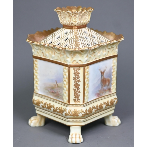 654 - A Victorian Royal Doulton china square pot pourri with inner cover and pierced lid, on lion-pad feet... 