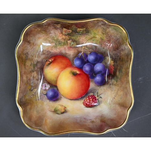 655 - A Royal Worcester dish, painted with fruit by Richard Sebright, date mark for 1941, 12 cm square, to... 