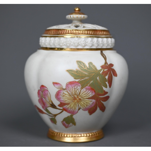 656 - A Victorian floral-painted and gilded pot pourri vase with pierced cover, 1889, 13.5 cm