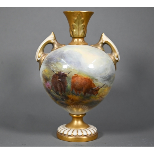 658 - A Royal Worcester two-handled baluster vase with gilded neck and foot, painted with Highland cattle ... 