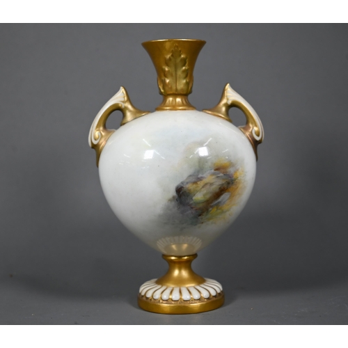 658 - A Royal Worcester two-handled baluster vase with gilded neck and foot, painted with Highland cattle ... 