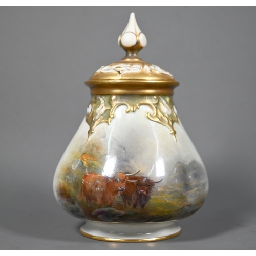 659 - A Royal Worcester pot pourri vase and cover with gilded top and foot, painted with Highland cattle b... 