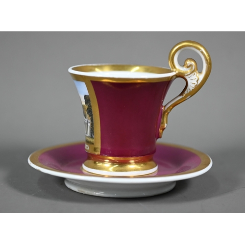 661 - A Chamberlains Worcester cabinet coffee cup and saucer, painted with a view of (probably) the Pitvil... 