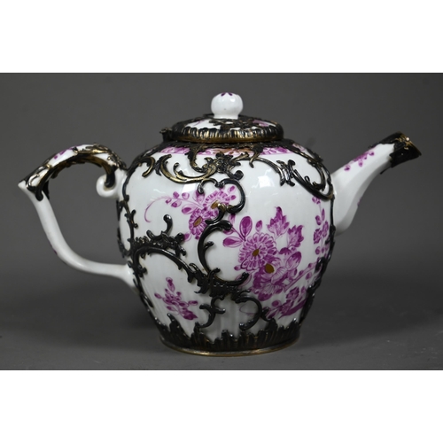 662 - A Meissen porcelain cabinet teapot with puce and gilt painted floral decanter in delicate .800 grade... 