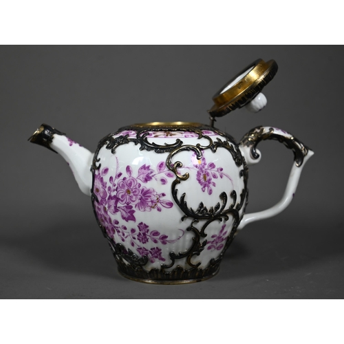 662 - A Meissen porcelain cabinet teapot with puce and gilt painted floral decanter in delicate .800 grade... 