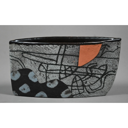 665 - John Maltby (1936-2020), a stoneware elliptical vase slip-decorated with abstract sailing boat on th... 